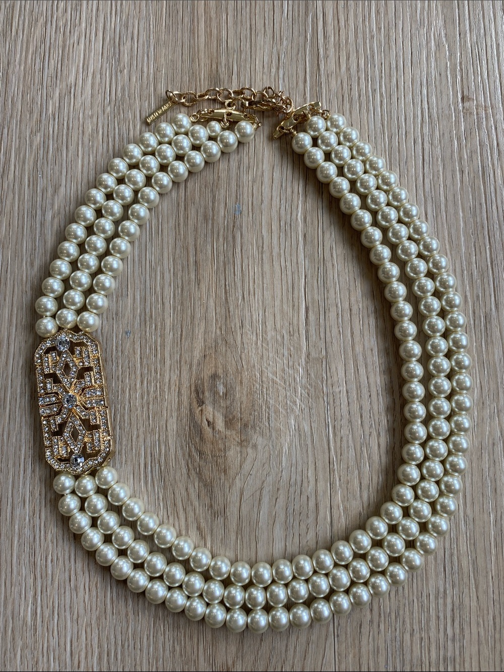 Saks Fifth Avenue Art Deco Triple Strand Pearl Rhinestone Statement Necklace